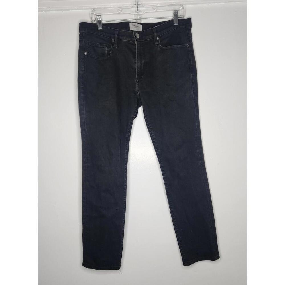 FRAME Denim Jeans Mens 32 Black L'Homme Skinny 5 Pocket Zip Fly Dark Wash Faded
